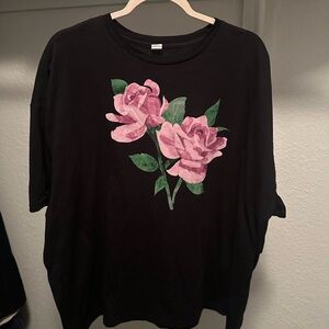 Black T-Shirt with Pink Floral Design